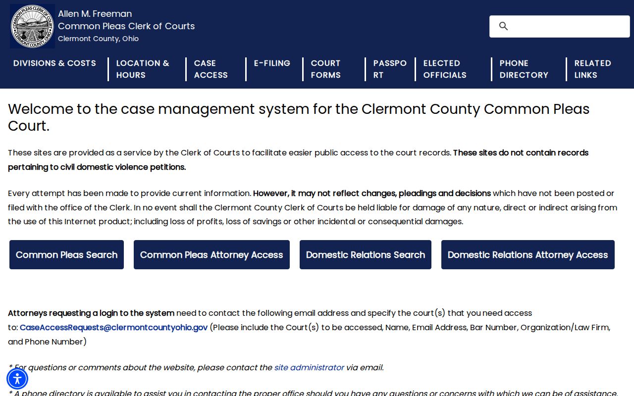 Clermont County docket search notice for Common Pleas case access