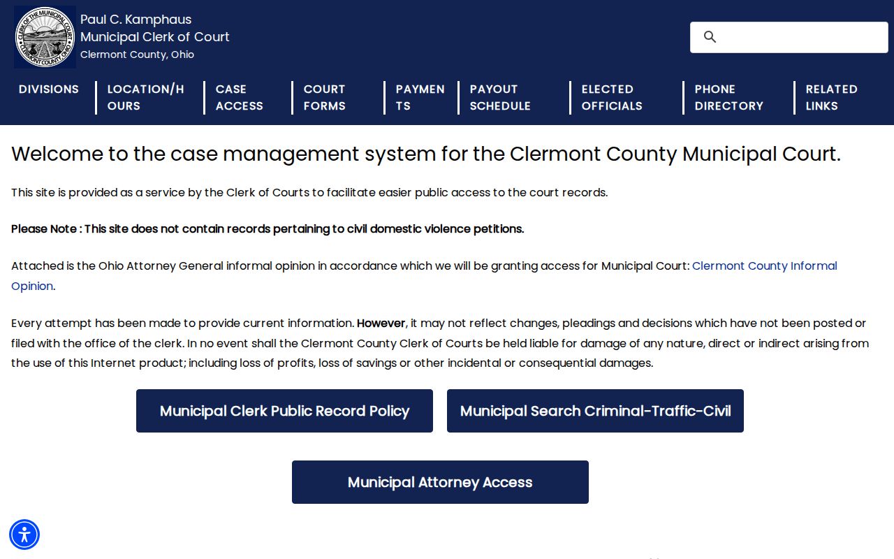 Clermont County docket search access through the Municipal Clerk