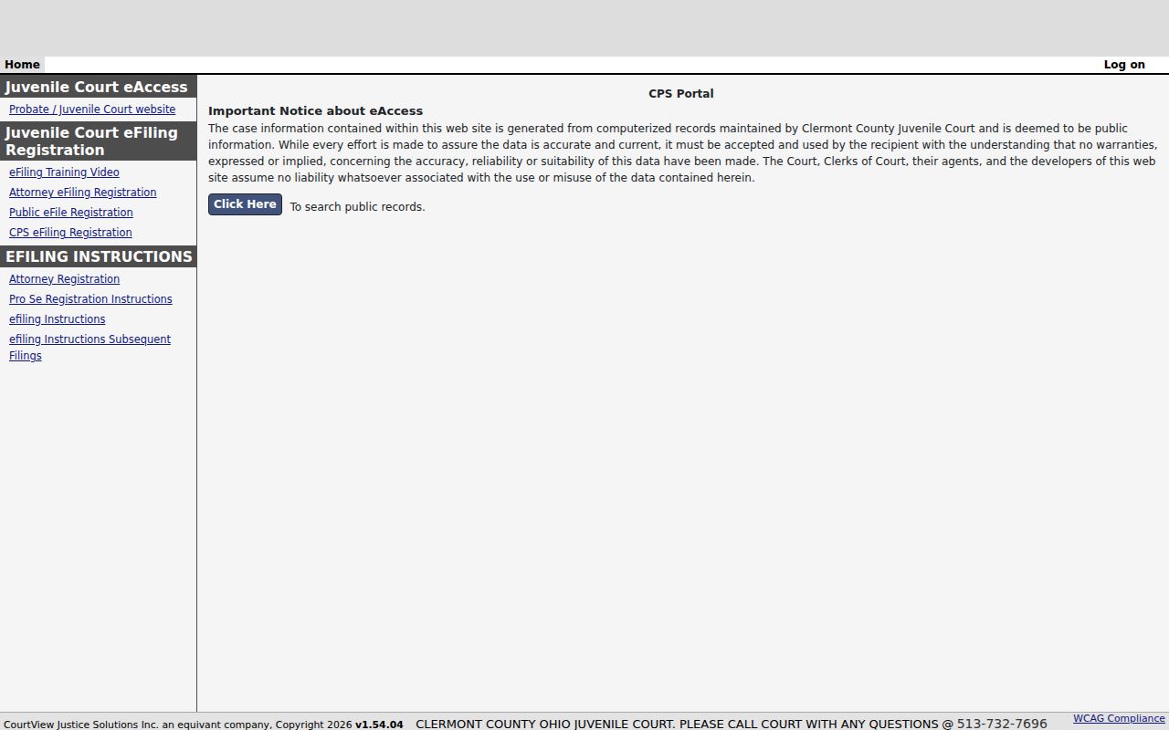 Clermont County docket search entry for Juvenile Court records