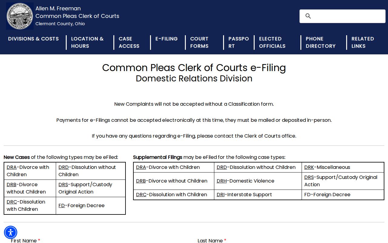 Clermont County civil court docket Domestic Relations e-filing information