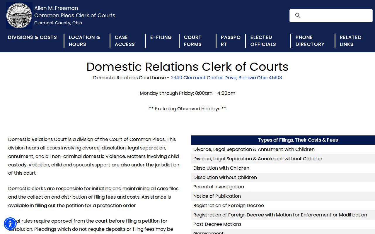 Clermont County civil court docket access through the Domestic Relations Clerk