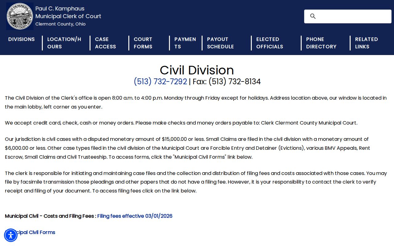 Clermont County civil court docket access through the Municipal Civil Division