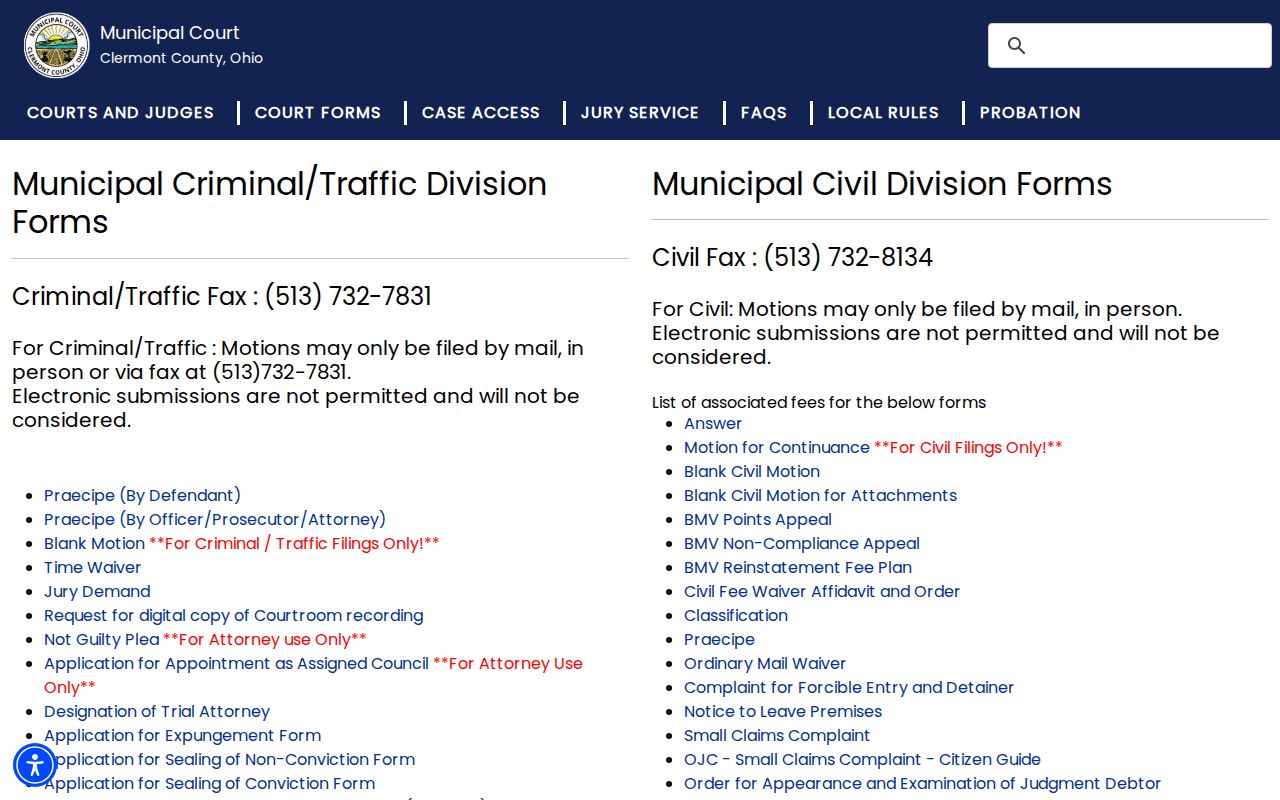 Clermont County civil court docket forms from Municipal Court