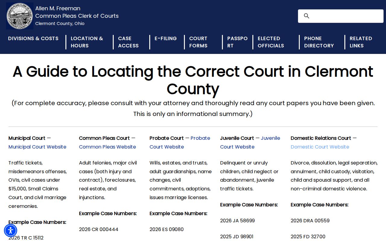 Clermont County civil court docket routing guidance from the Common Pleas Clerk