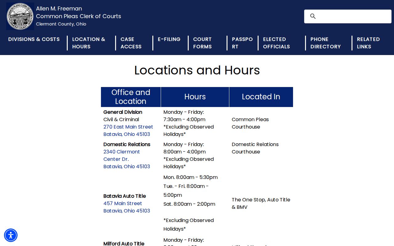 Clermont County court schedule Common Pleas clerk locations and counter hours
