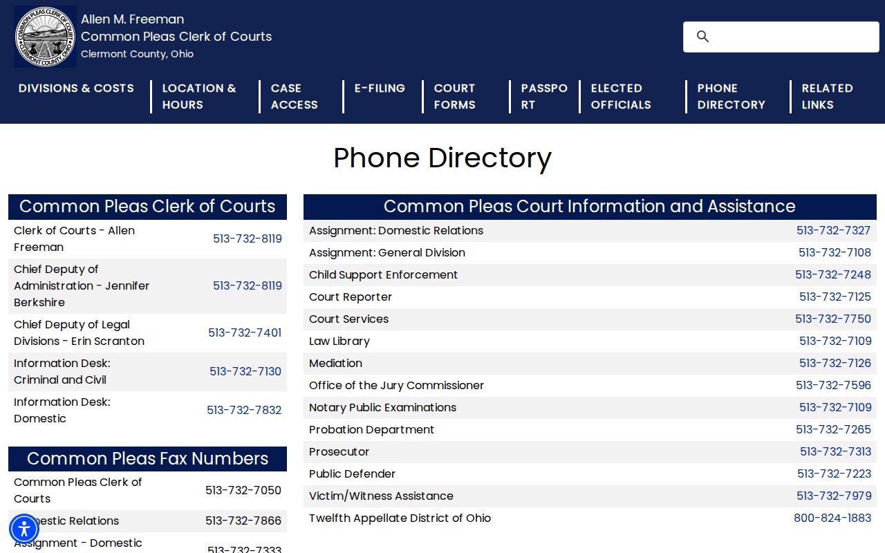 Clermont County court schedule Common Pleas clerk and assignment phone directory