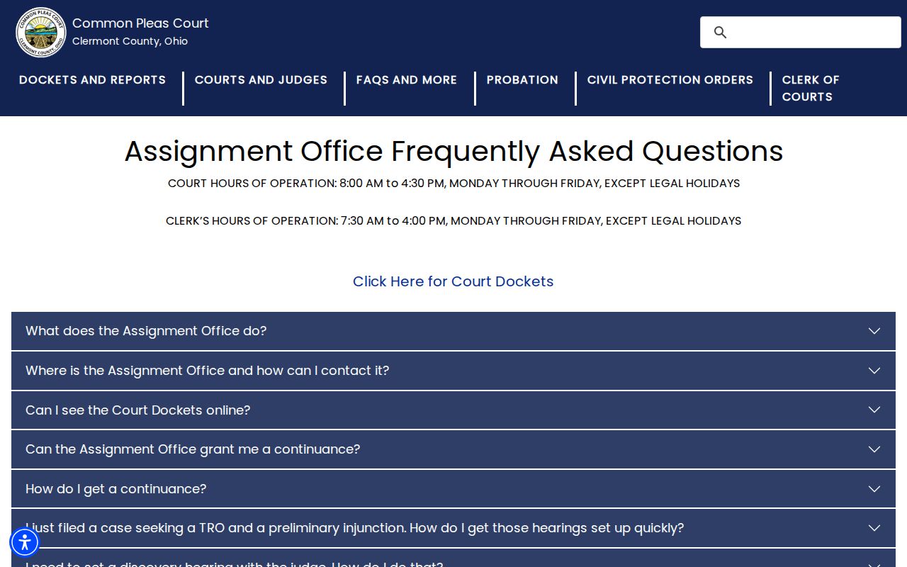 Clermont County court schedule Assignment Office guidance