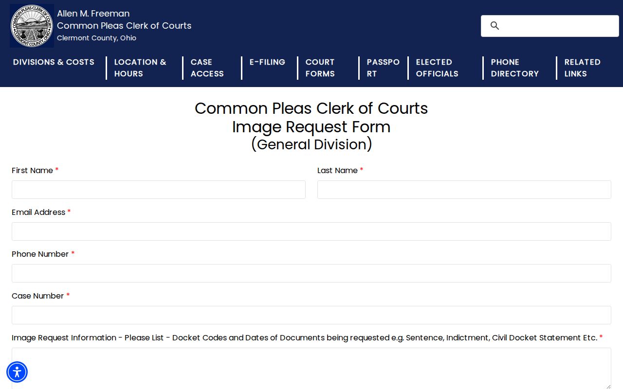 Clermont County court case records image-request form for Common Pleas