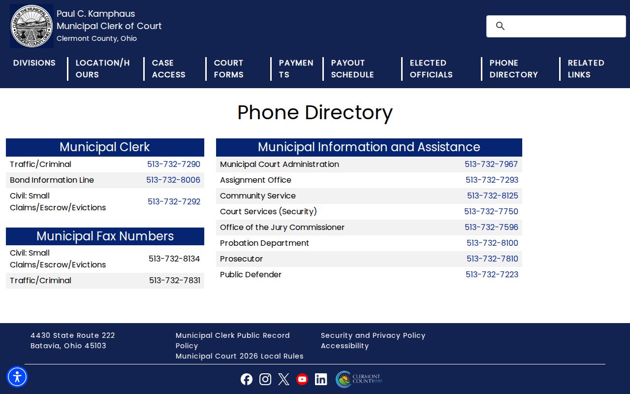Clermont County court case records contact directory for the Municipal Clerk