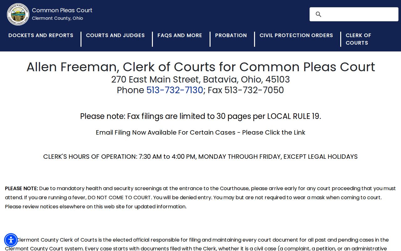 Clermont County court case records history at the Clerk of Courts