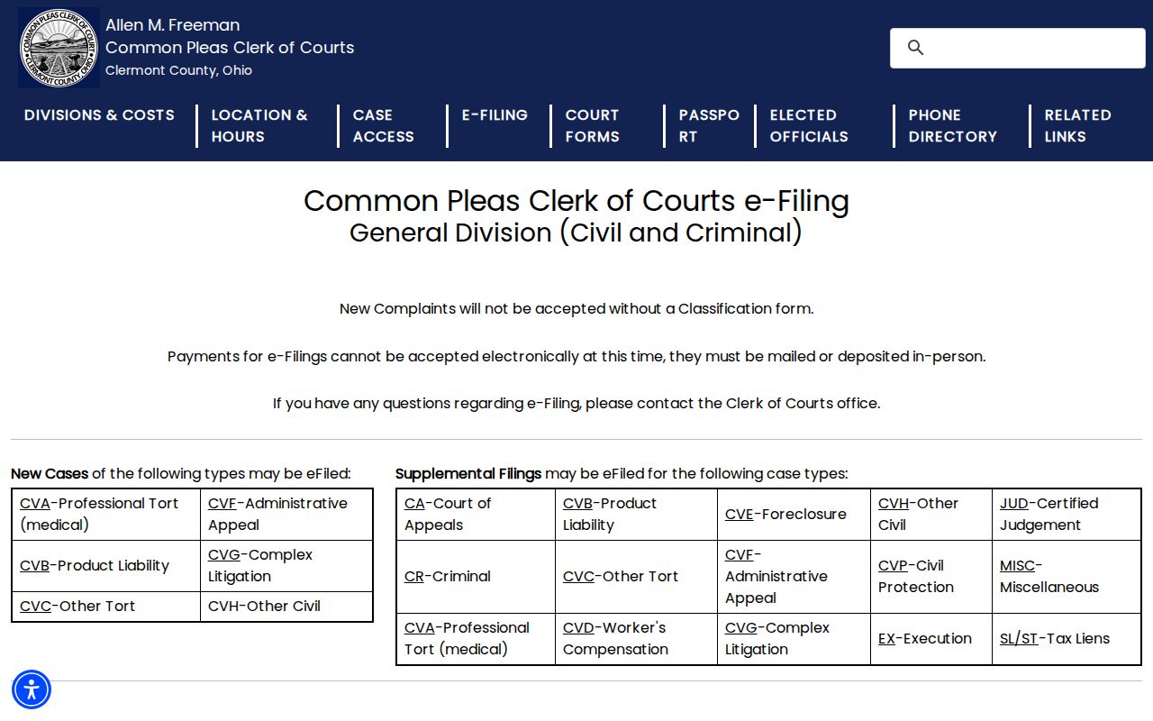 Clermont County criminal docket General Division e-filing page