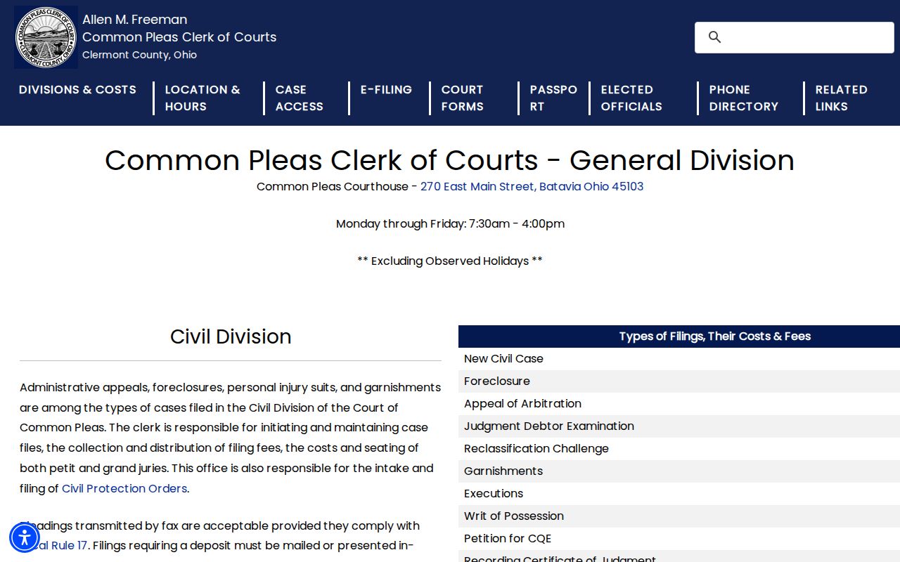 Clermont County criminal docket Common Pleas General Division clerk information