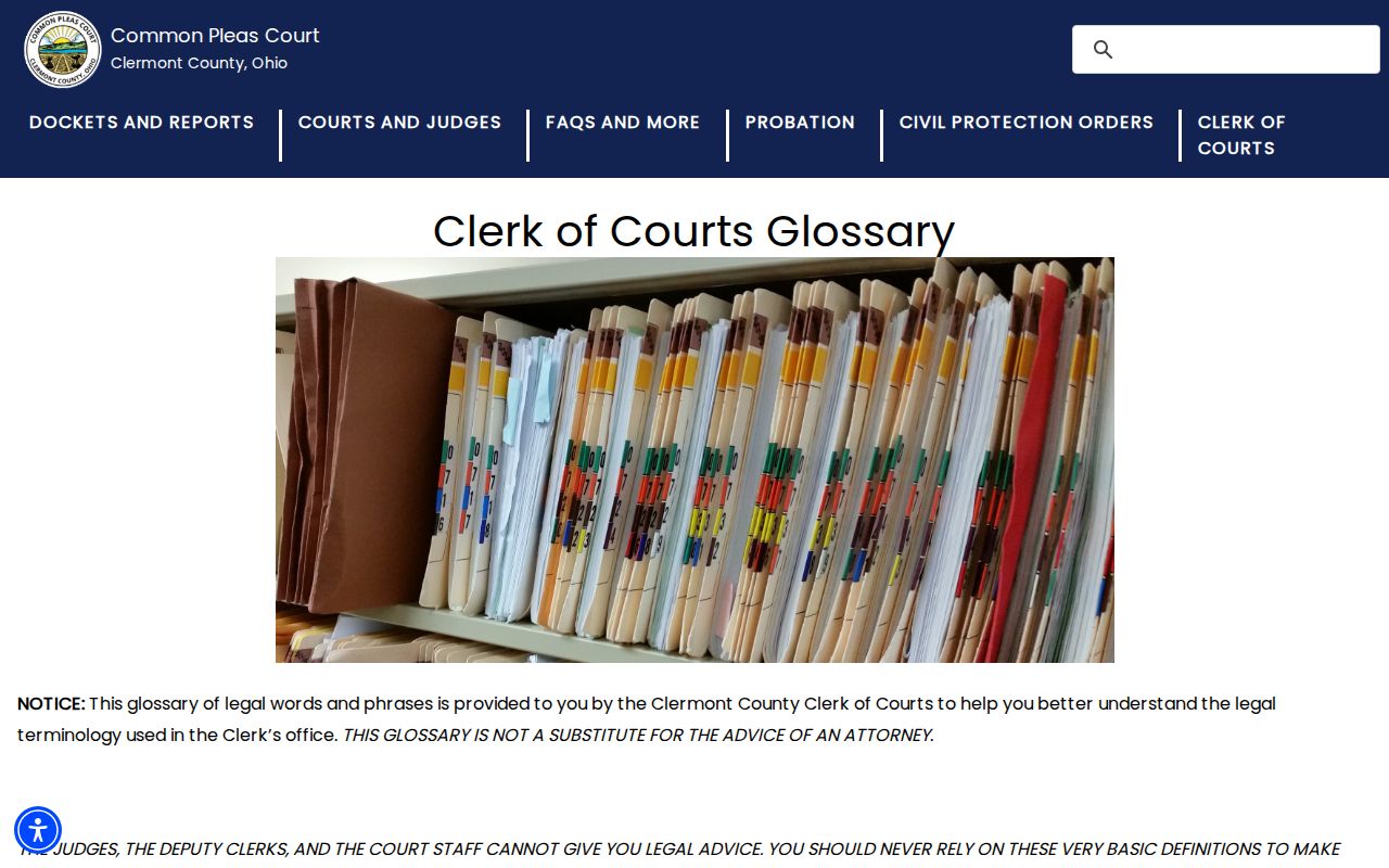 Clermont County court docket glossary and record terms