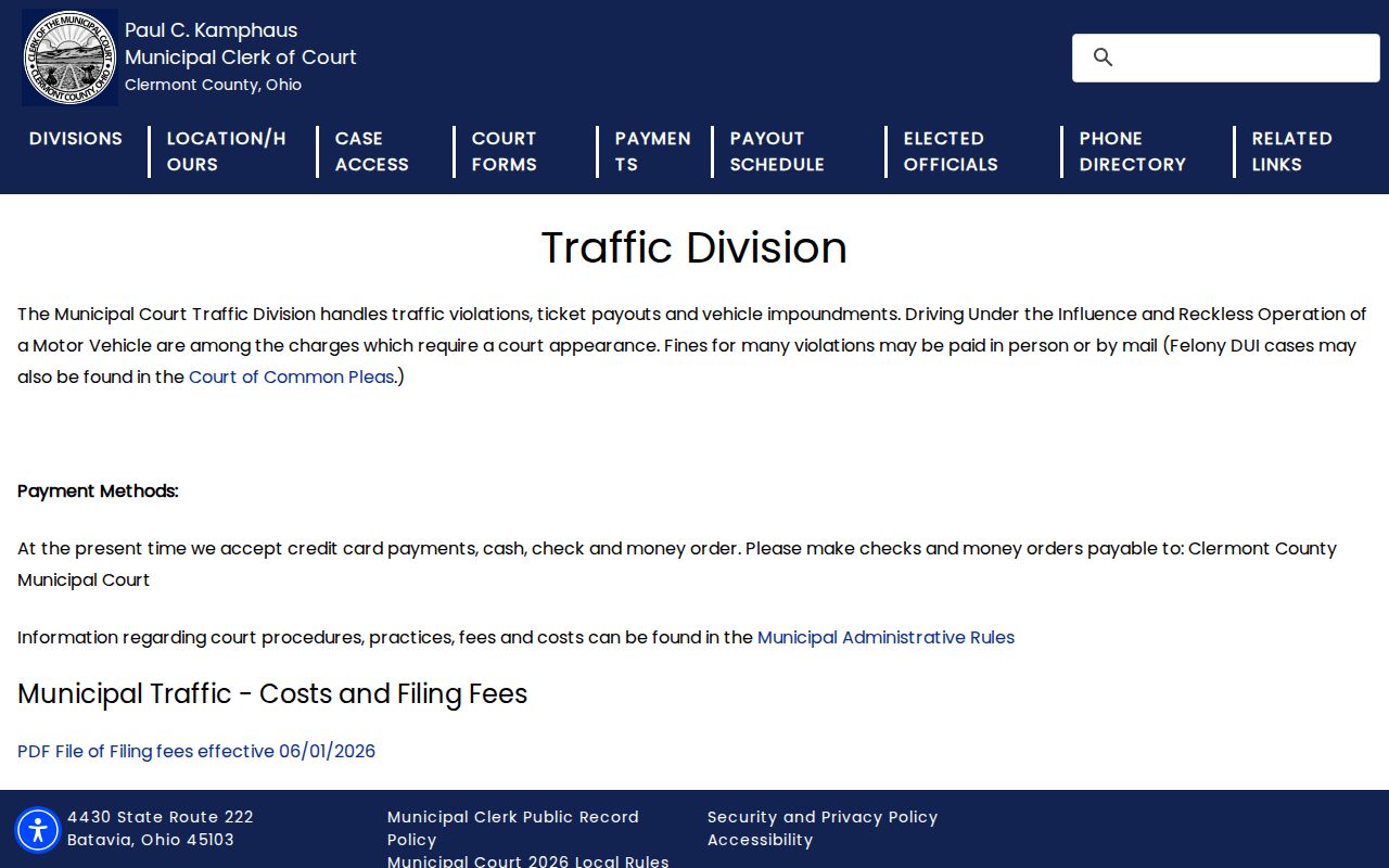 Clermont County traffic court Traffic Division payment and case information